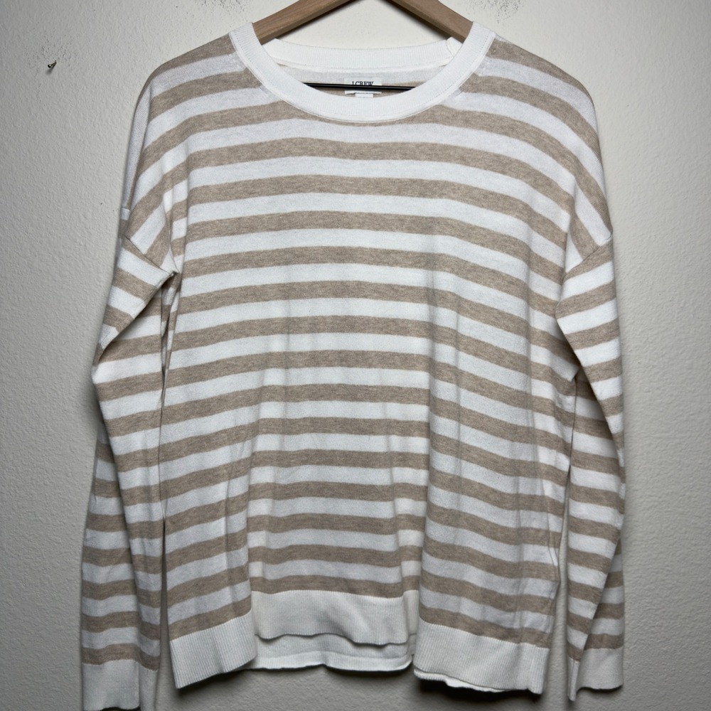 J. Crew Womens 100% Cotton Sweater Small White Tan Striped Crewneck Preppy
